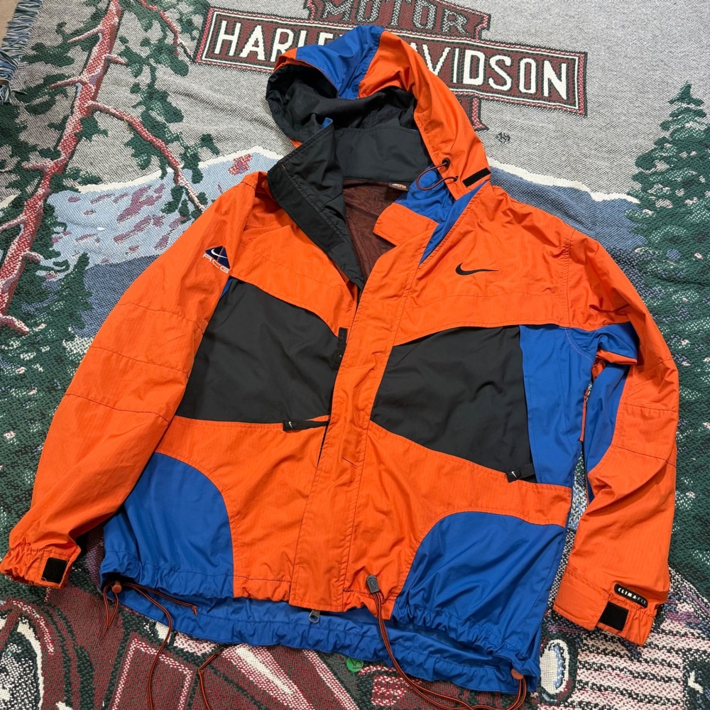 Vintage Nike ACG Clima-Fit Jacket Mens Small Orange Blue Colorblock Hooded Shell